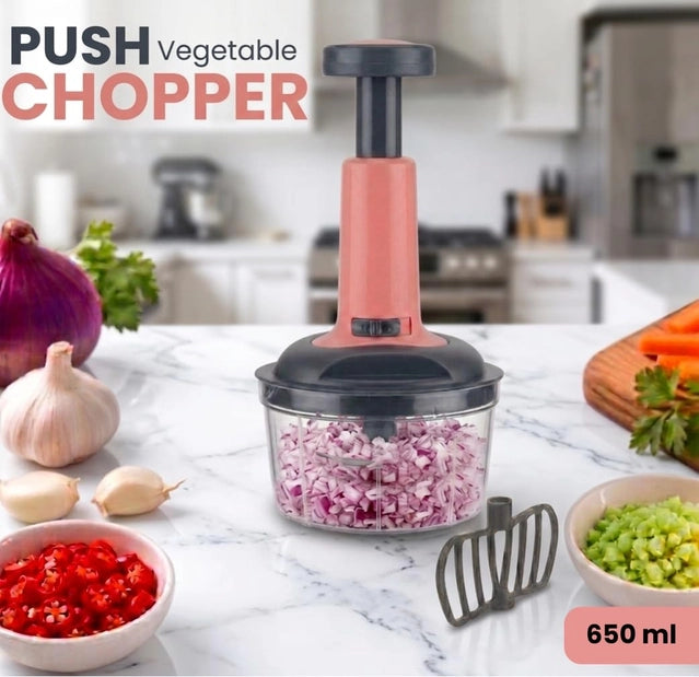 Push Vegetable Chopper 650ml – 3-Tier Stainless Steel Blades, Manual & Easy to Use