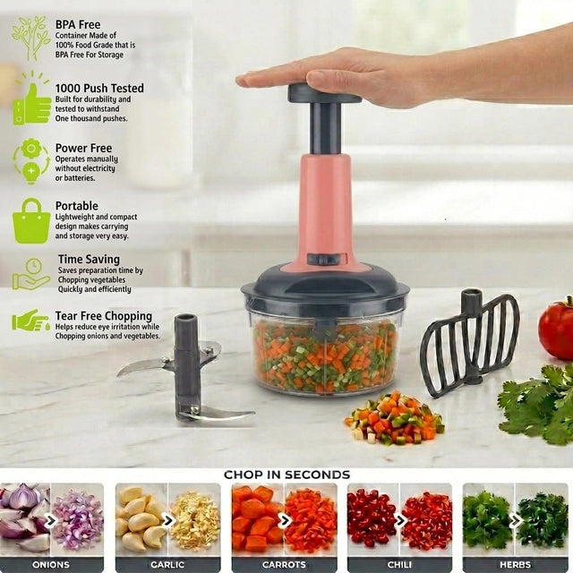 Push Vegetable Chopper 650ml – 3-Tier Stainless Steel Blades, Manual & Easy to Use